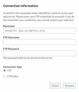 Connection information: To perform the requested action, WordPress needs to access your web server