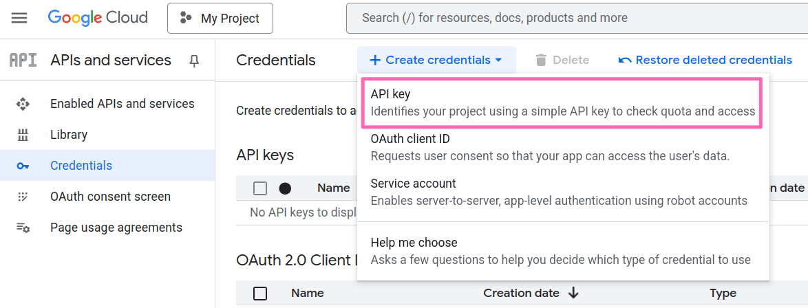 Google Cloud api key generation