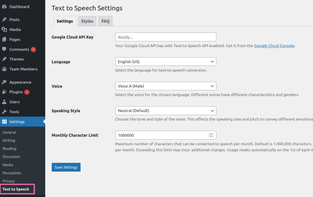 Simple Text to Speech plugin settings page