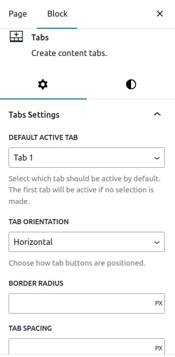 Tabs block settings (Nasio Blocks plugin)